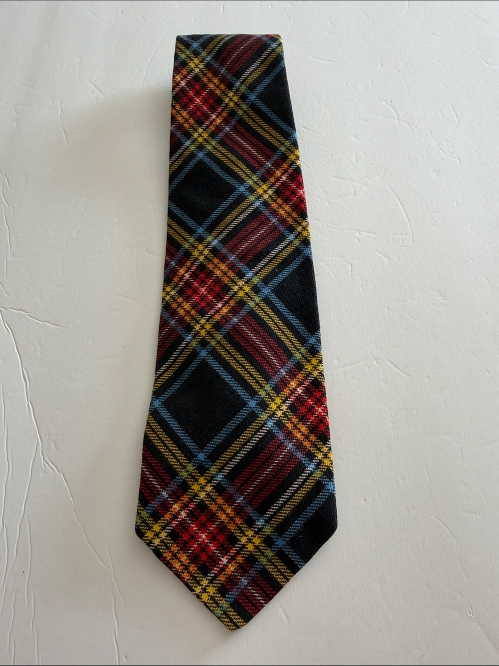 Classic Black Plaid Men's Tie with Red, Yellow & Blue Accents